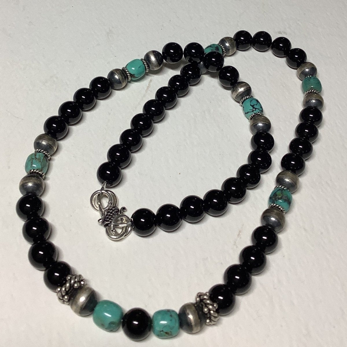 Necklace, 24" 8mm Navajo Pearls & Onyx, Emerald Valley TQ & Rope spacers, Turquoise Mustang - Turquoise Mustang