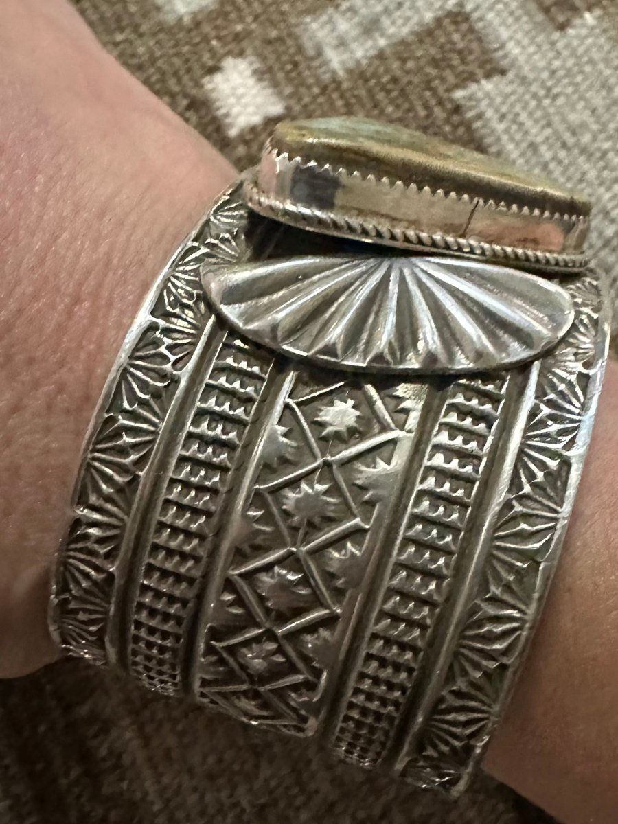 Bracelet, stamped wide cuff with triangular Royston cab, Adrian Reeves Long - Turquoise Mustang