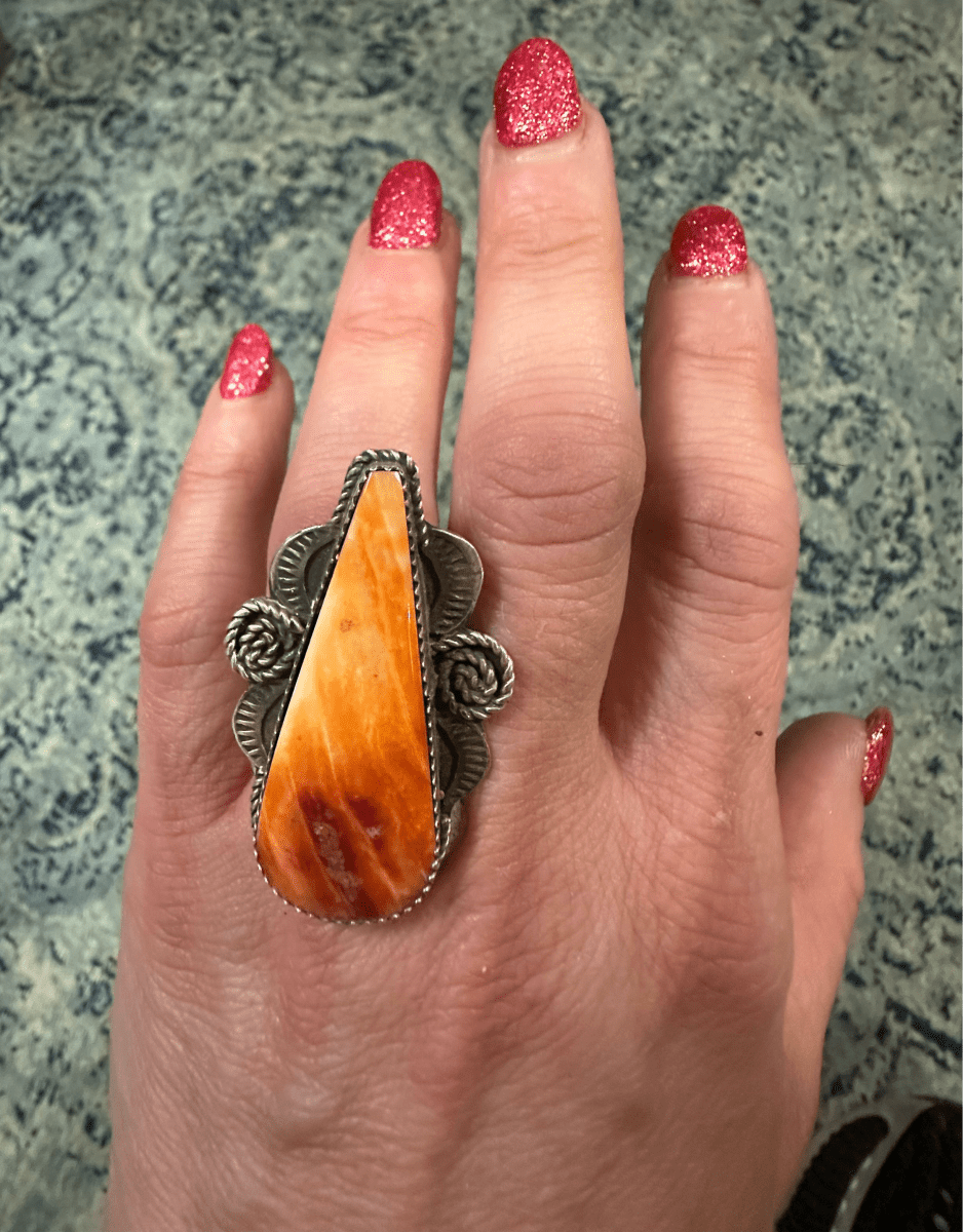 Vintage Orange Spiny Oyster Long Teardrop Ring, by Tia Long - Turquoise Mustang