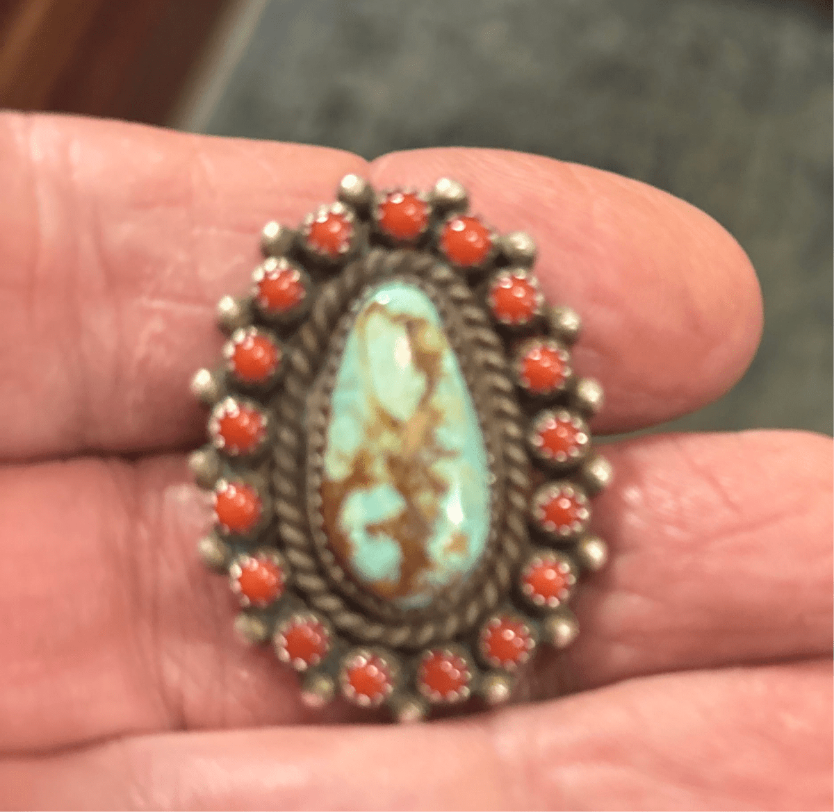 Ring, narrow 21 Stone Cluster Wild Horse with Mediteranean Coral bezel, Peterson Johnson (1) - Turquoise Mustang