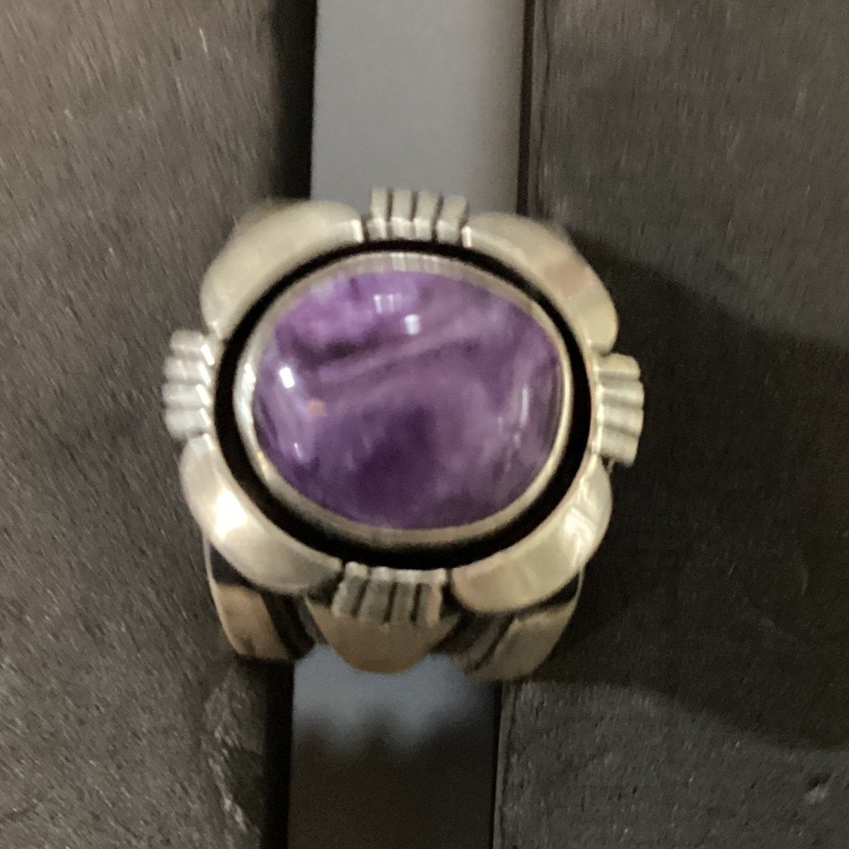 Ring, Charoite Oval, Heavy Beveled Bezel with Filework, Charley Willie - Turquoise Mustang