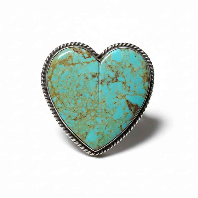 Ring, Large Heart Kingman, Nicely stamped shank, Daryll Cadman - Turquoise Mustang
