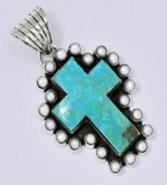 The Quaker Ladies Cross and Pearl Pendant - Turquoise Mustang