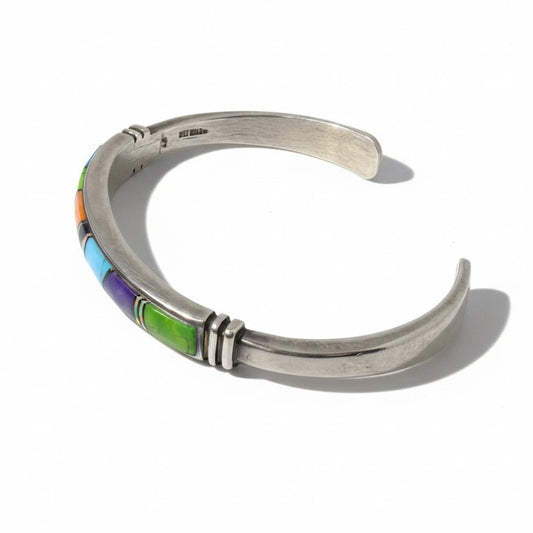 Multi-Stone Vertical Inlay Sterling Silver Cuff, Navajo - Turquoise Mustang