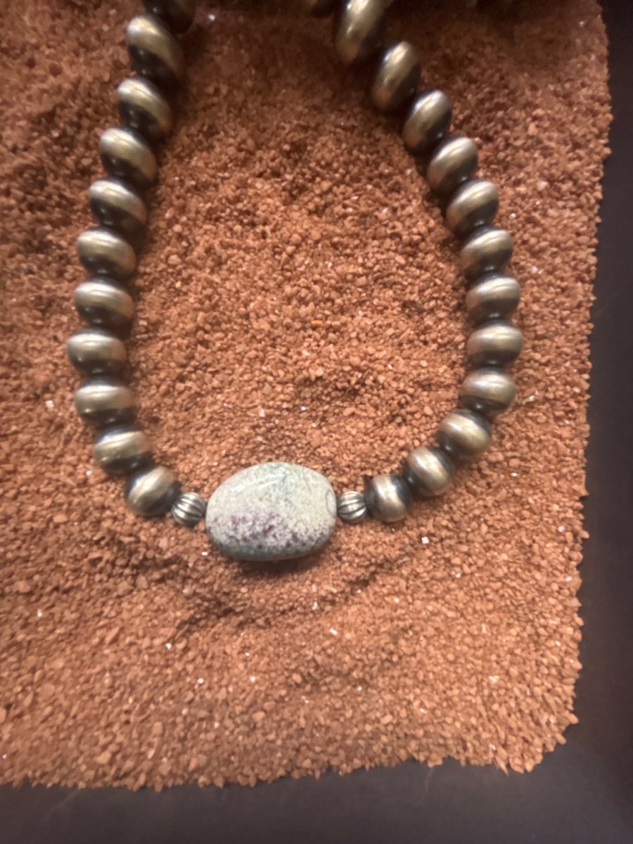 16" d 10mm Silver Pearl Necklace with Ruby in Fucisite Nugget - Turquoise Mustang