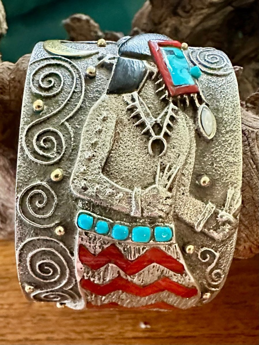 Monumental Storyteller Cuff with Turquoise, Mother of Pearl, Red Coral, Black Jet and 14K Gold Accent, by Philander Begay - Turquoise Mustang