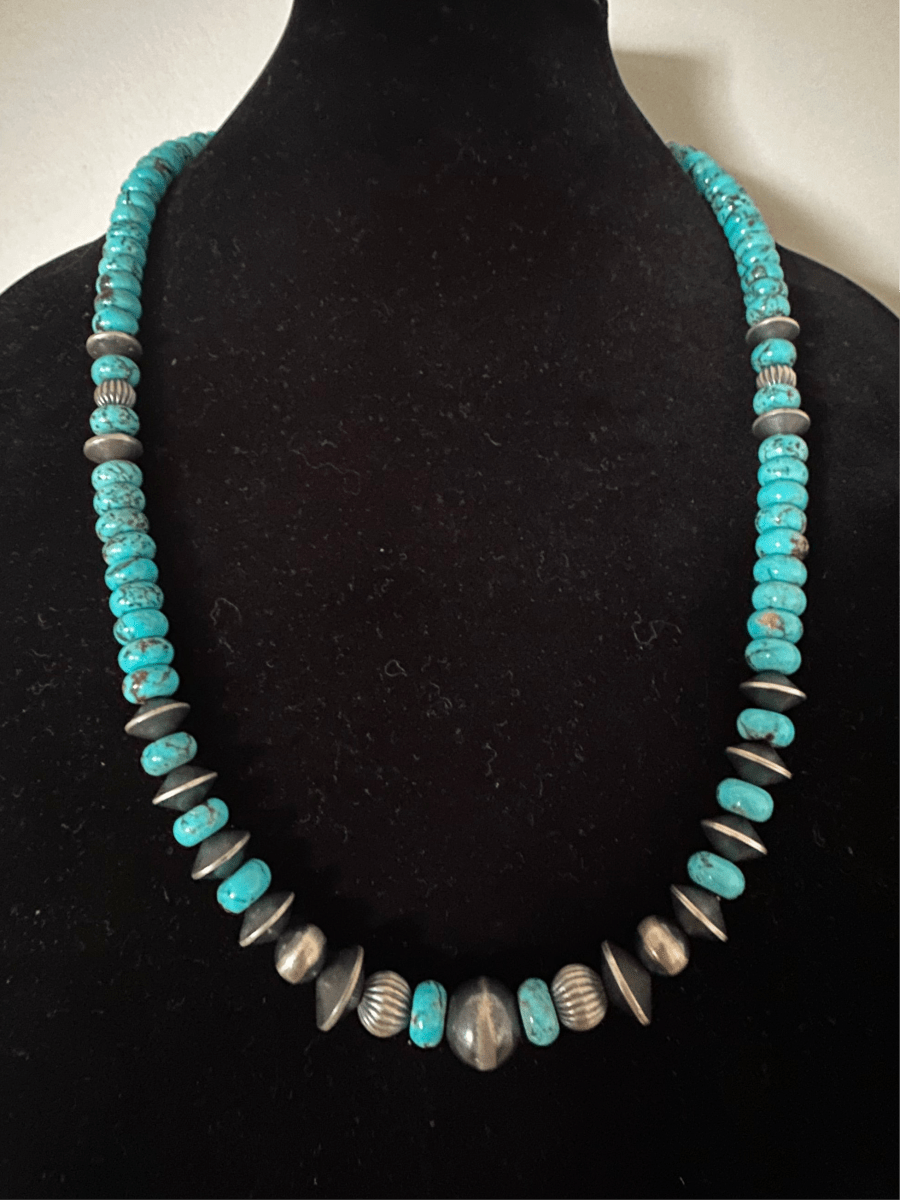 24” Turquoise Necklace with Sterling Silver Pearls & Saucers - Turquoise Mustang