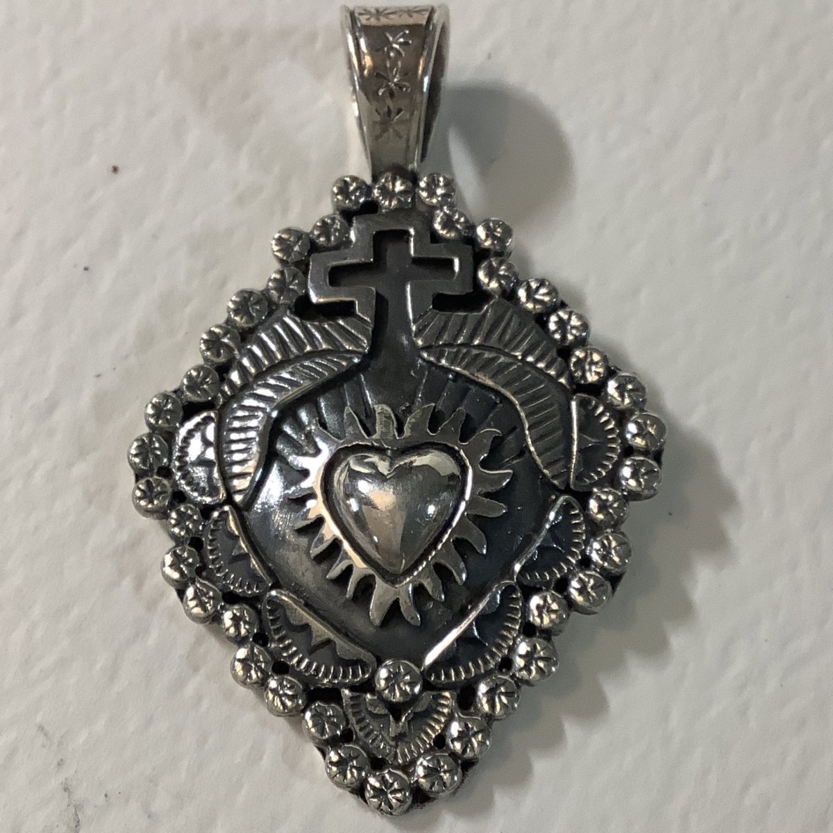 Pendant, Cross, All Silver Sacred Heart with Cross, DD - Turquoise Mustang