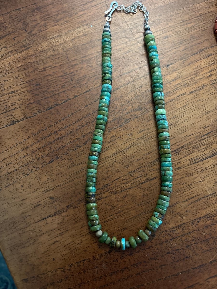 19” Dark Green Kingman 10mm Turquoise Heishi Necklace - Turquoise Mustang