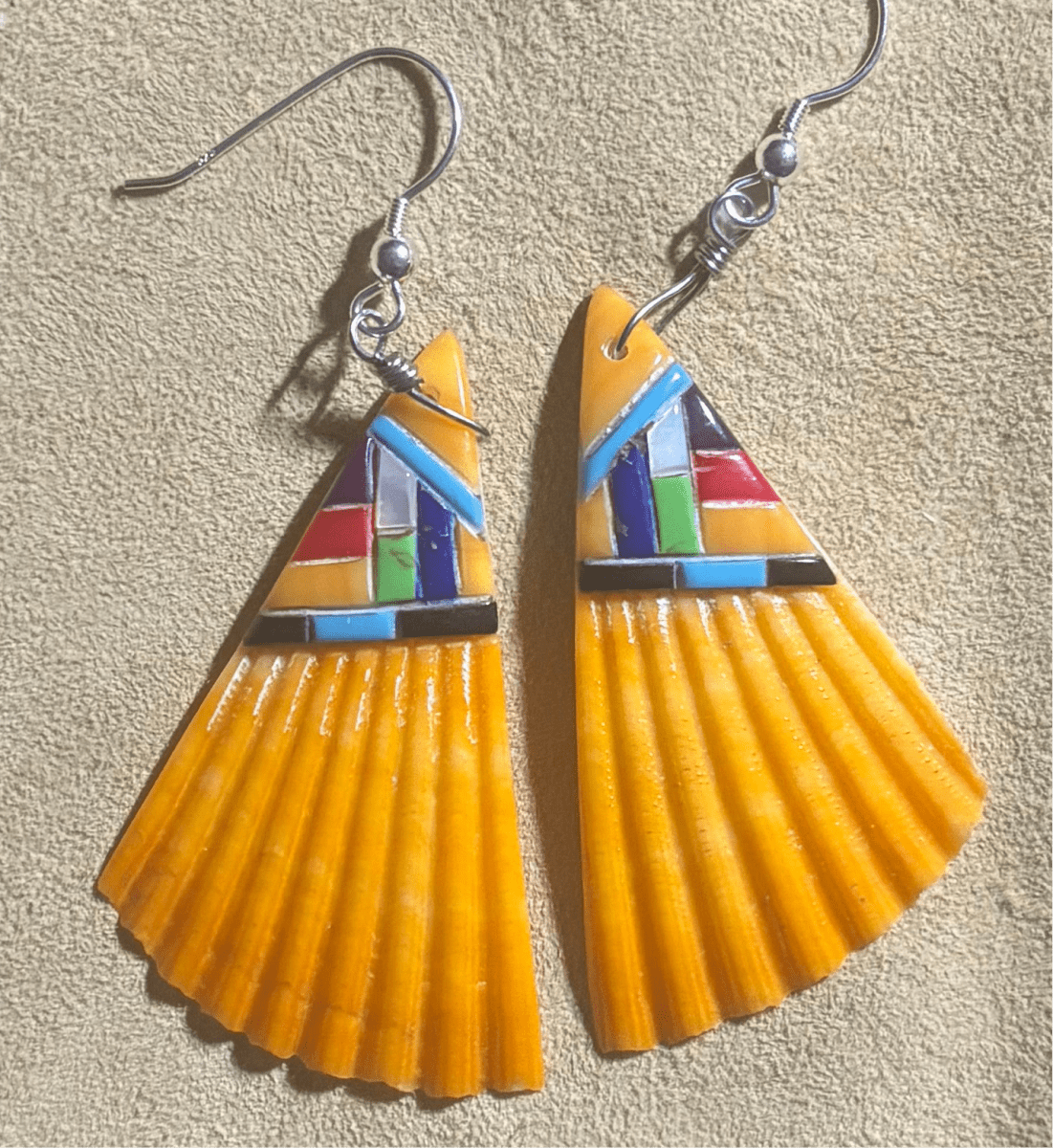 Wide Zuni Handmade Spiny Oyster with Inlay Dangle Earrings – Sterling Silver Hooks - Turquoise Mustang