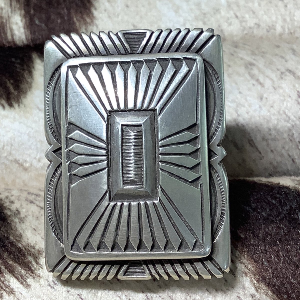Very Heavy Rectangular Shield Stamp Work by Calvin Martinez - Turquoise Mustang