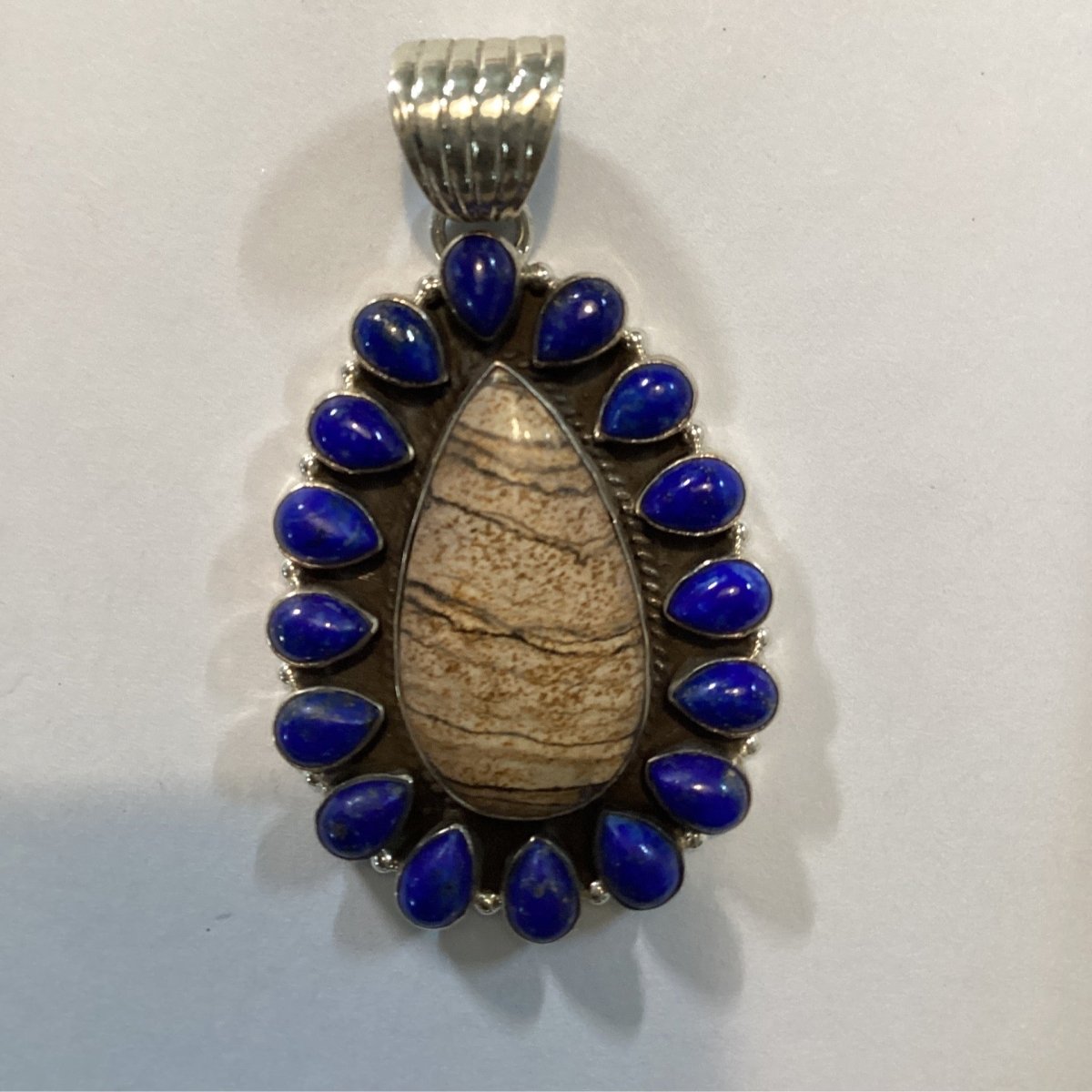 Pear Cluster Pendant with 16 Lapis Cabochons in Sterling Silver by Dan Dodson - Turquoise Mustang