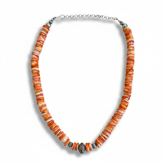 19" Orange Spiny Oyster Heishi Necklace with Vintage Corrugated Sterling Silver Saucer & Navajo Pearl Accents - Turquoise Mustang