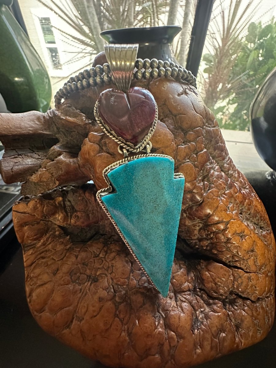 Purple Spiny Oyster Heart & Carved Turquoise Arrowhead Double Stone Statement Pendant, by Dan Dodson - Turquoise Mustang