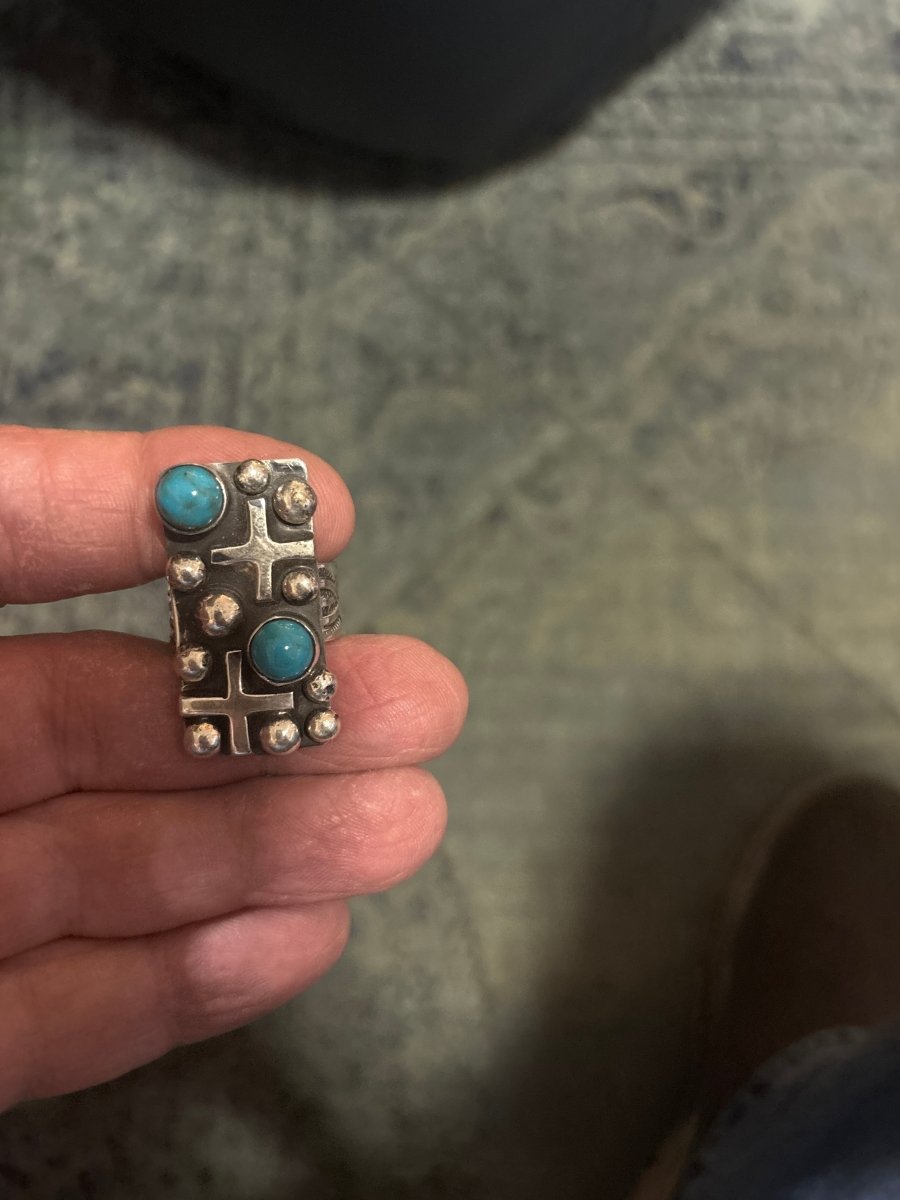 Large Rectangular Cross and Turquoise Raindrops Ring, by Chimney Butte - Turquoise Mustang