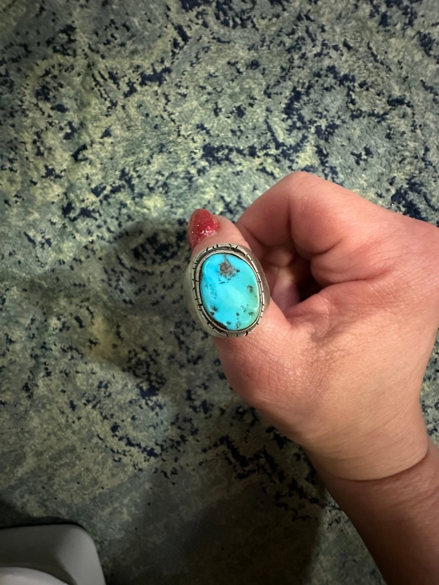 Extra Large Single Stone Turquoise Ring with Thick Filework Bezel, by Shubes - Turquoise Mustang