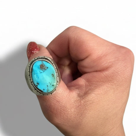 Extra Large Single Stone Turquoise Ring with Thick Filework Bezel, by Shubes - Turquoise Mustang