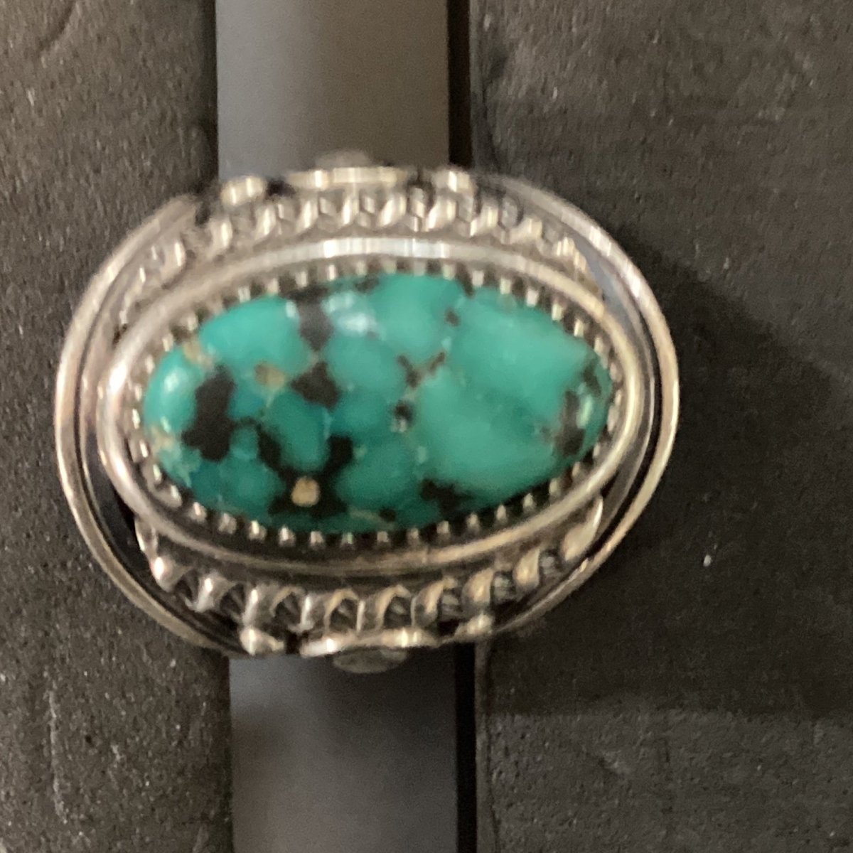 Ring, Deep Blue Green Turquoise Oval, Heavy Beveled Bezel with Filework, Charley Willie - Turquoise Mustang
