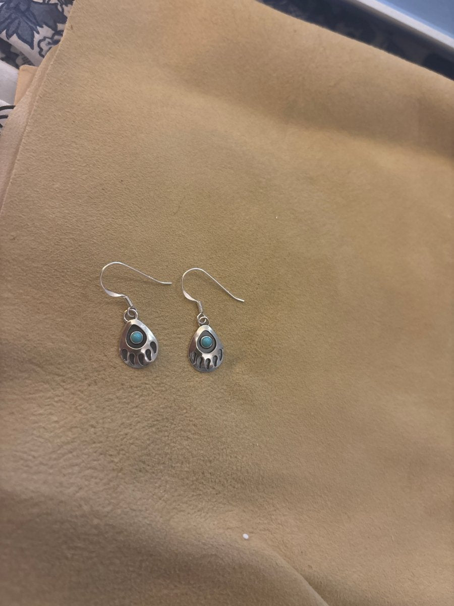 Sterling Silver Small Bear Paw Shadowbox Dangles with Turquoise - Turquoise Mustang