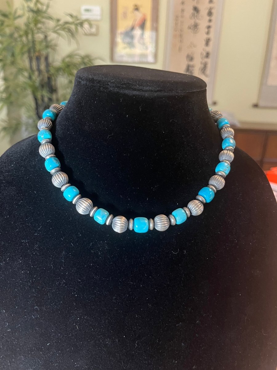 16" Compitos Blue Turquoise Tube Bead Necklace with 12mm and 6mm saucers - Turquoise Mustang