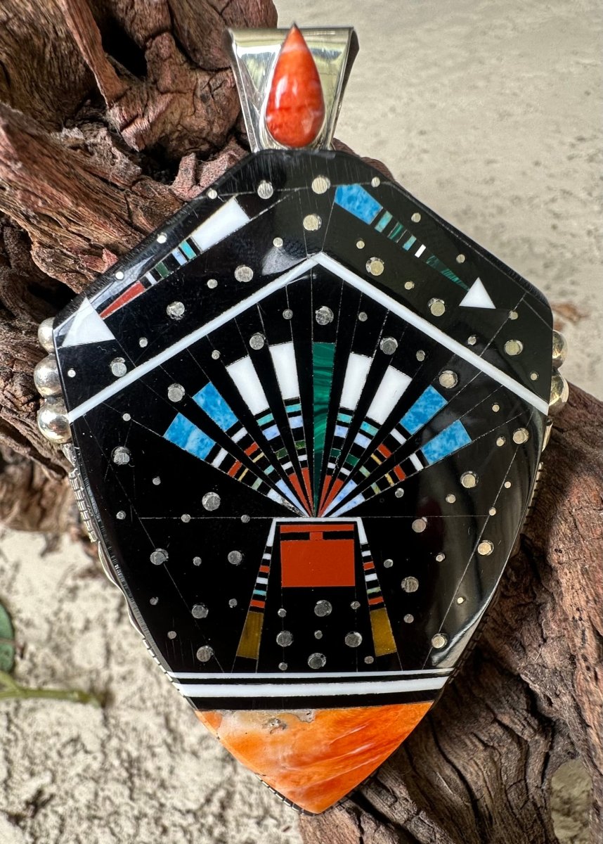 Pendant, elaborate Zuni Inlay, shield shape, spiny oyster, Ray Jack - Turquoise Mustang