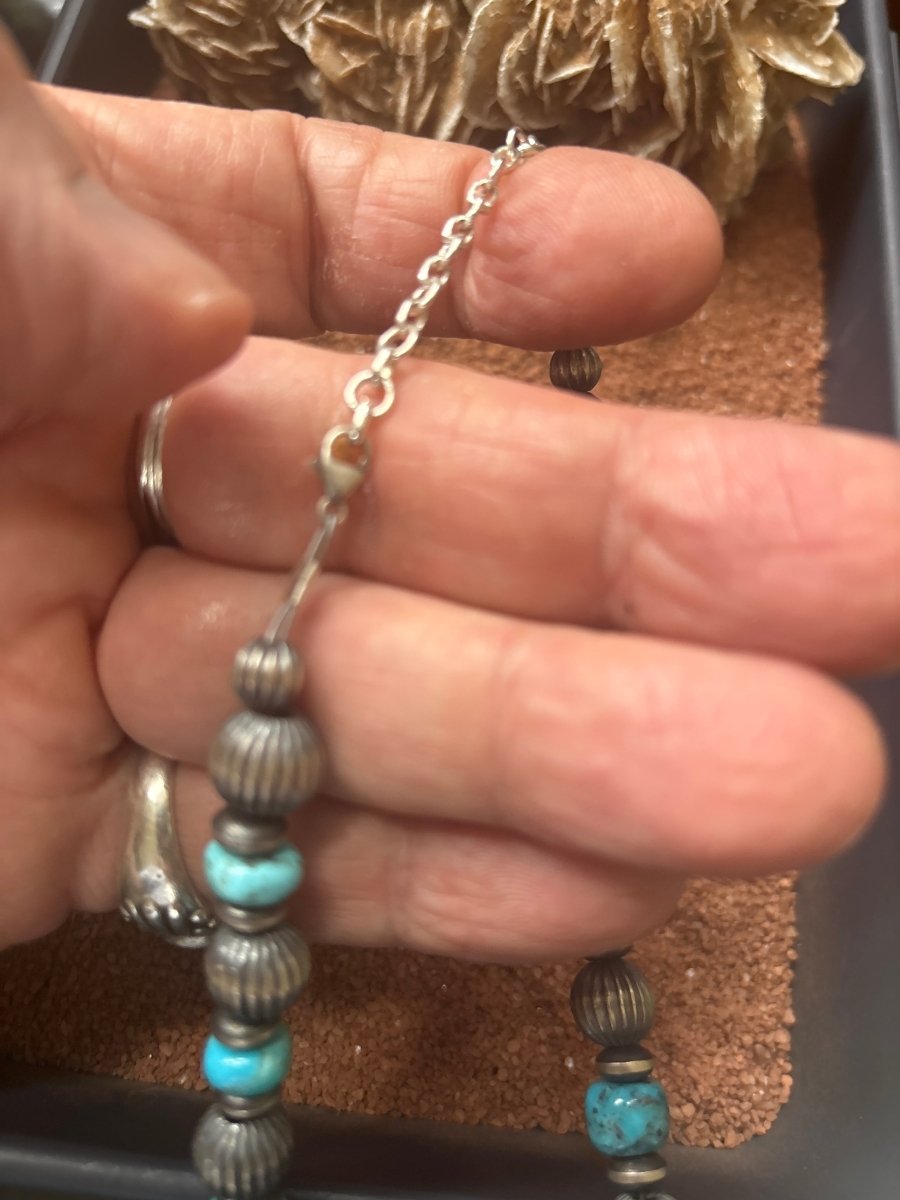 18” Blue Turquoise Rondelles with 10mm Silver Sauvers, and 12mm Corrugated Round Navajo Pearls - Turquoise Mustang