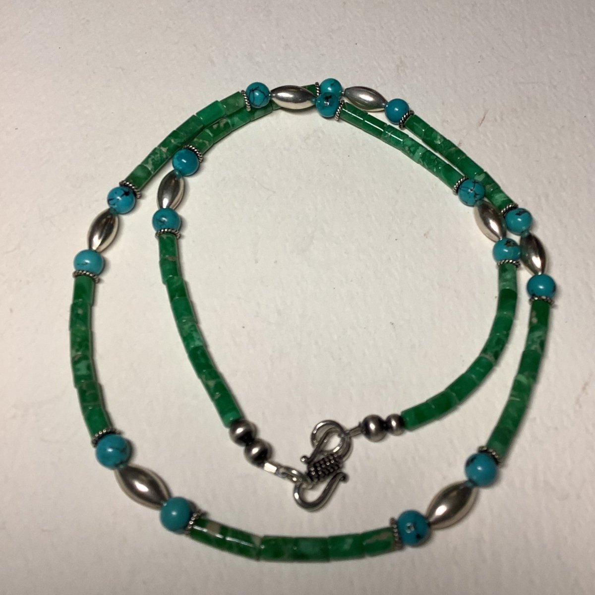 Necklace, 24" Green Sea Sediment Jasper Tubes w/ Silver Footballs, Turquoise Mustang (1) - Turquoise Mustang