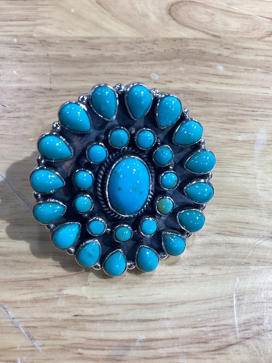 Ring, Onyx, Large Oval cluster 24 rounds. blue KIngman ball bezel, DD - Turquoise Mustang