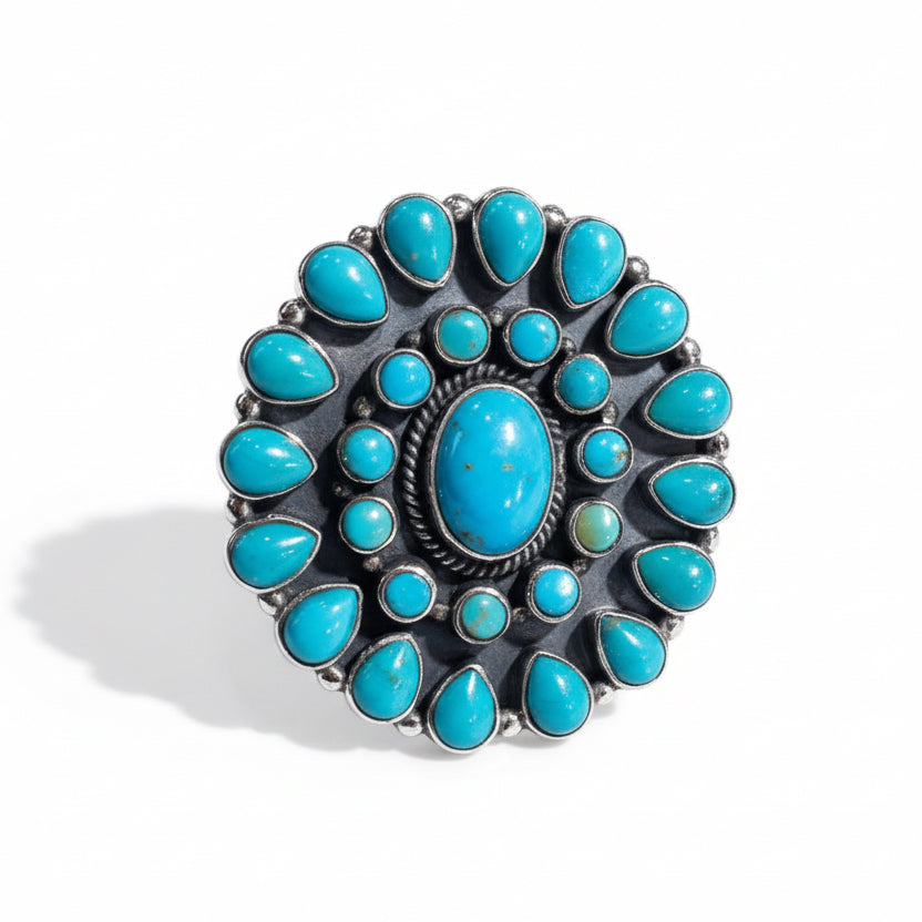 Ring, Onyx, Large Oval cluster 24 rounds. blue KIngman ball bezel, DD - Turquoise Mustang