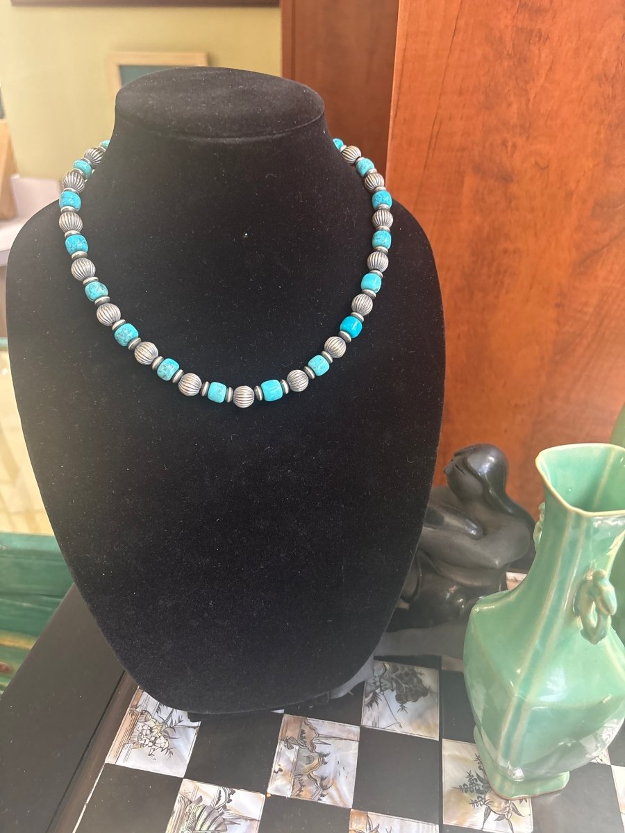 18” Blue Turquoise Rondelles with 10mm Silver Sauvers, and 12mm Corrugated Round Navajo Pearls - Turquoise Mustang