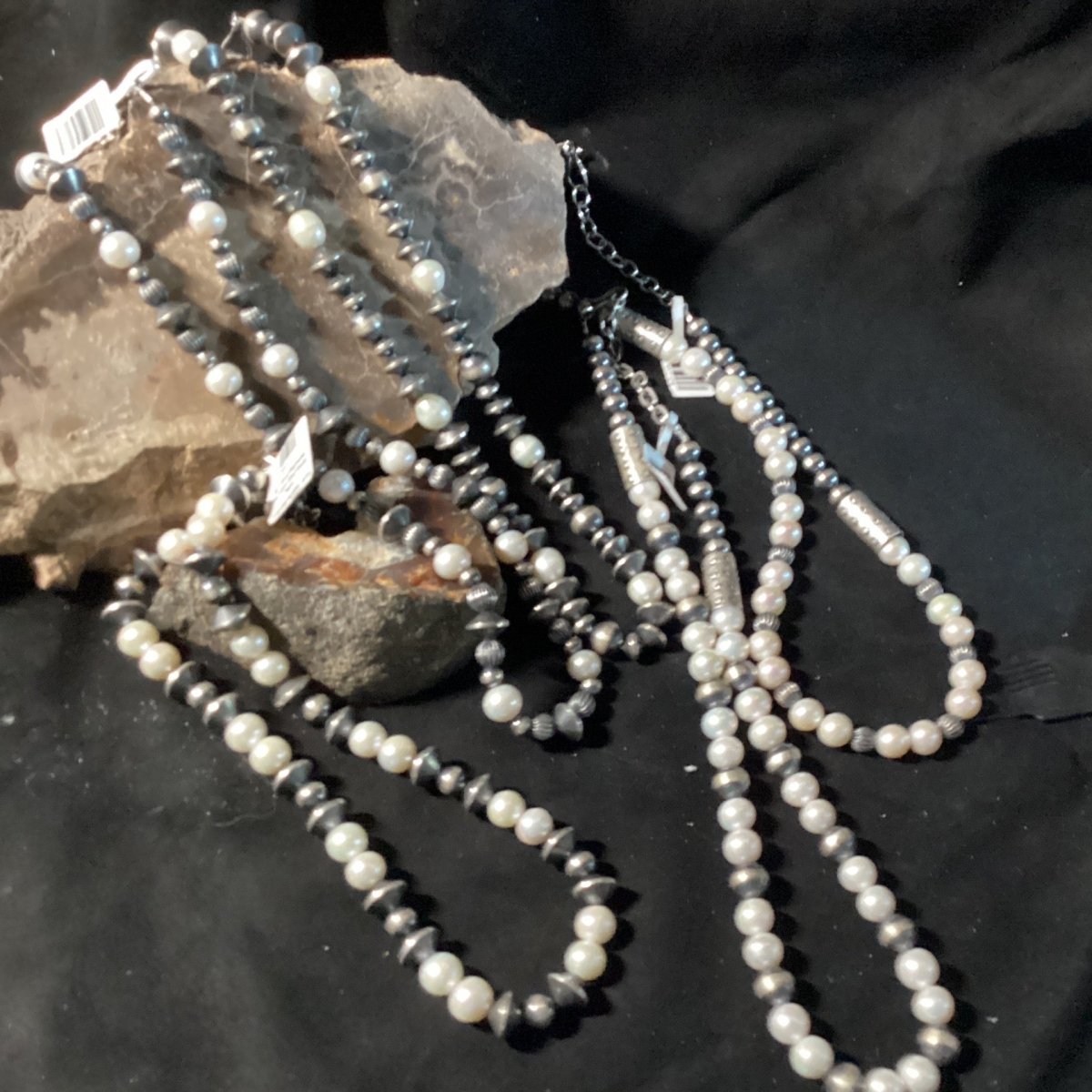 Dan Dodson 18", 12mm Silver Pearls with Freshwater Pearls, - Turquoise Mustang