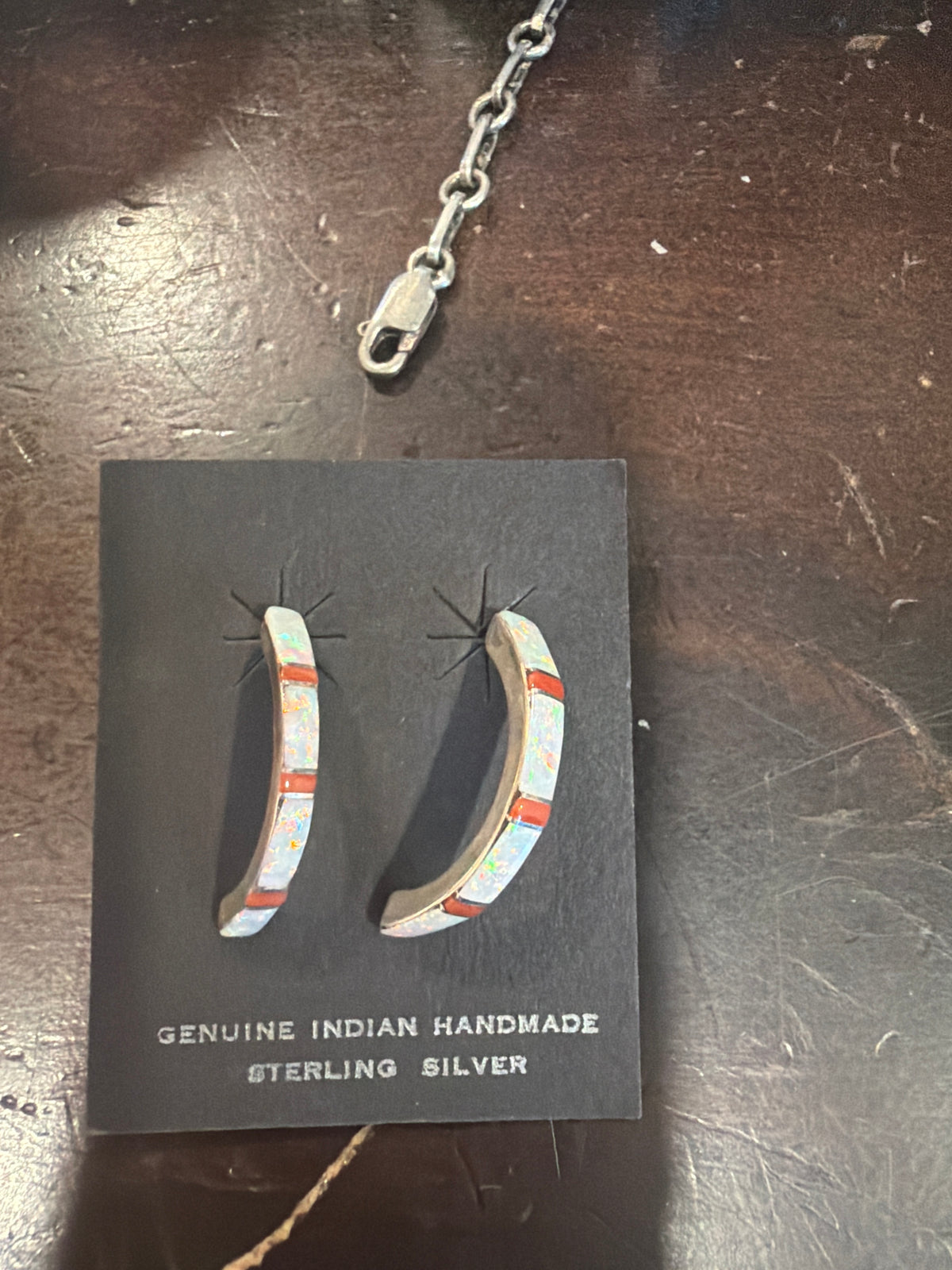 Zuni Half Hoop Opal and Coral Stud Earrings