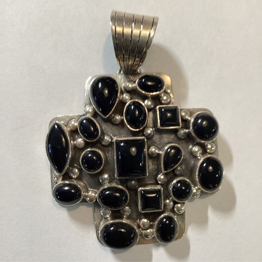 Pendant, Cross, Onyx, Navajo style Cluser w/ Raindrops, DD crafted from Sterling Silver, an exquisite DD Pendants designed by Turquoise Mustang.