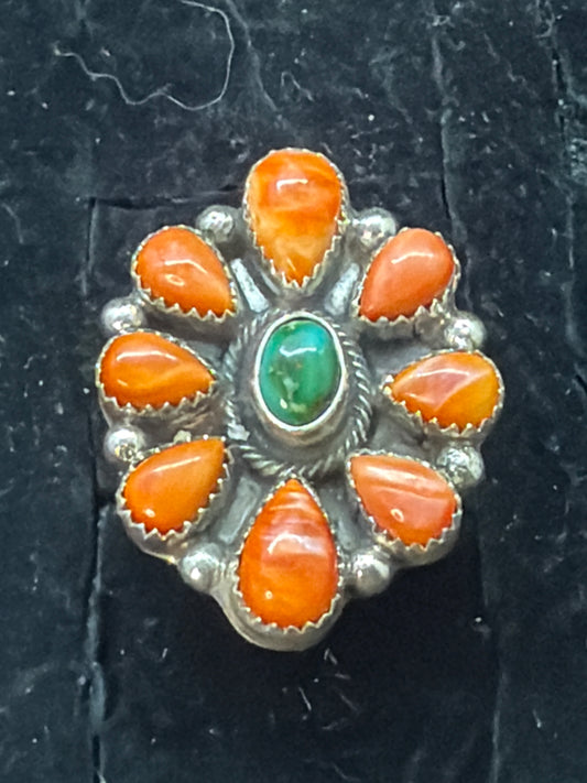 Spiny Oyster & Sonoran Gold Cluster Ring Adjustable by Sheila Tsosie