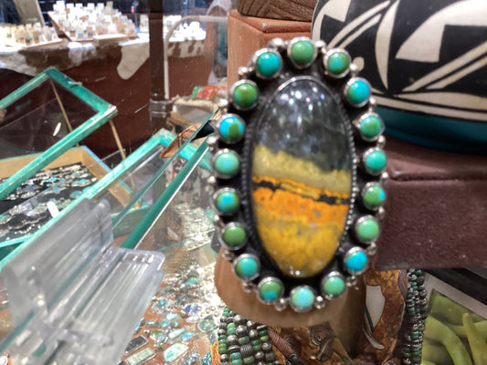 Cynthia Ring, Bumblebee, Oval , Sonoran cluster bezel, size 9 crafted from Sterling Silver, an exquisite Rings Native American designed by Turquoise Mustang.