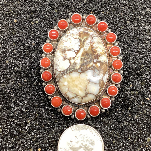 Ring, 20 Stone Cluster White Buffalo surrounded by Mediteranean Coral, Peterson Johnson (1) (1) crafted from Sterling Silver, an exquisite Rings Native American designed by Turquoise Mustang.