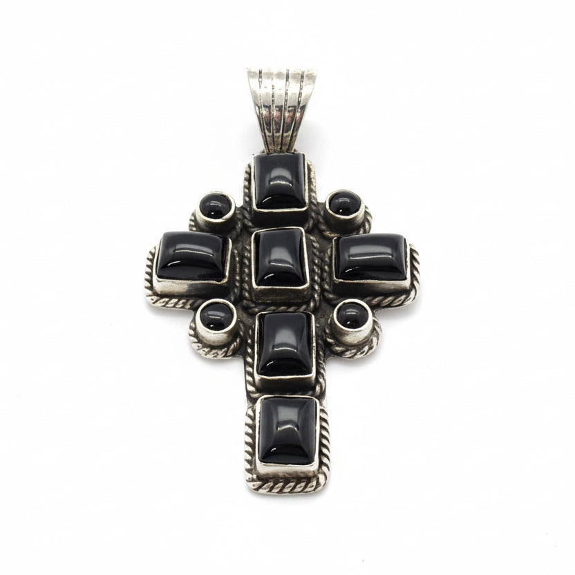10-Stone Black Onyx Cluster Cross in Sterling Silver, Dan Dodson