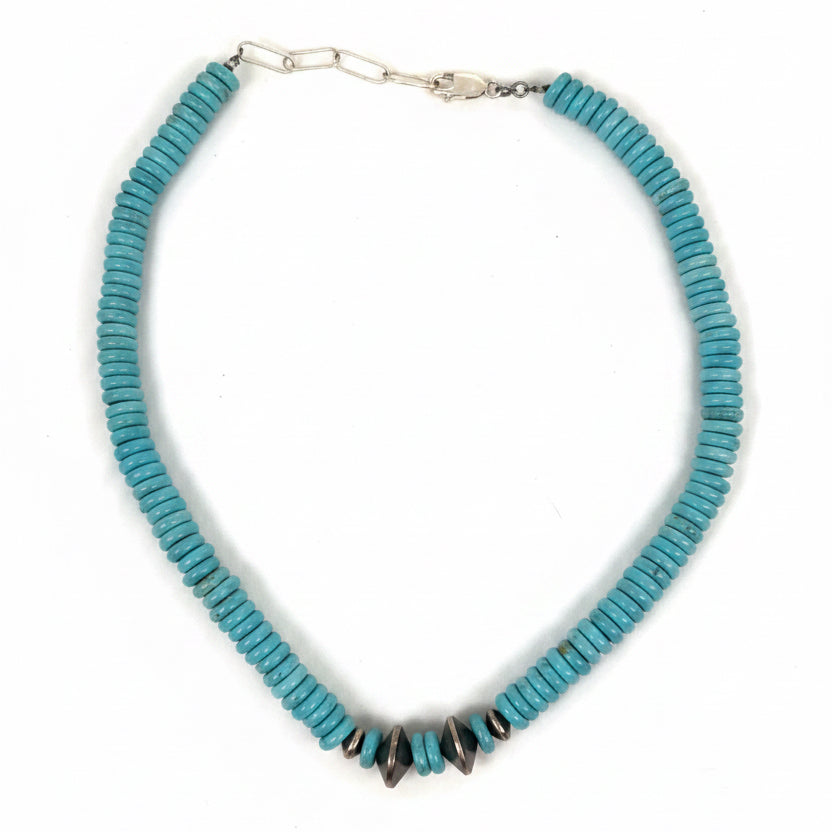 Blue-Green Turquoise Heishi Necklace with Sterling Silver Beads