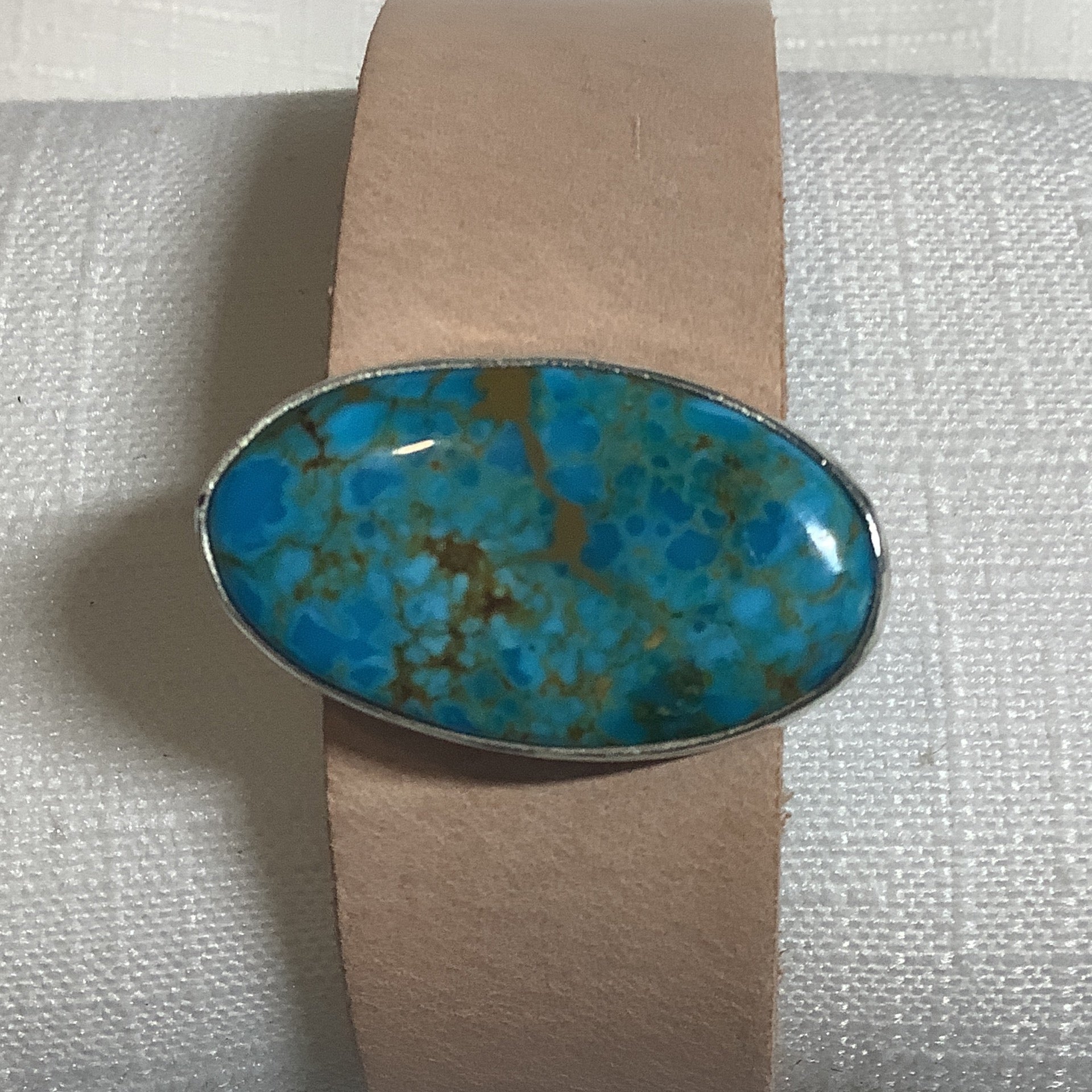 Bracelet, Oval Blue Birdseye Kingman  Turquoise, Tan Leather band, Jeff Stahre (1) crafted from Sterling Silver, an exquisite Other Bracelets designed by Turquoise Mustang.
