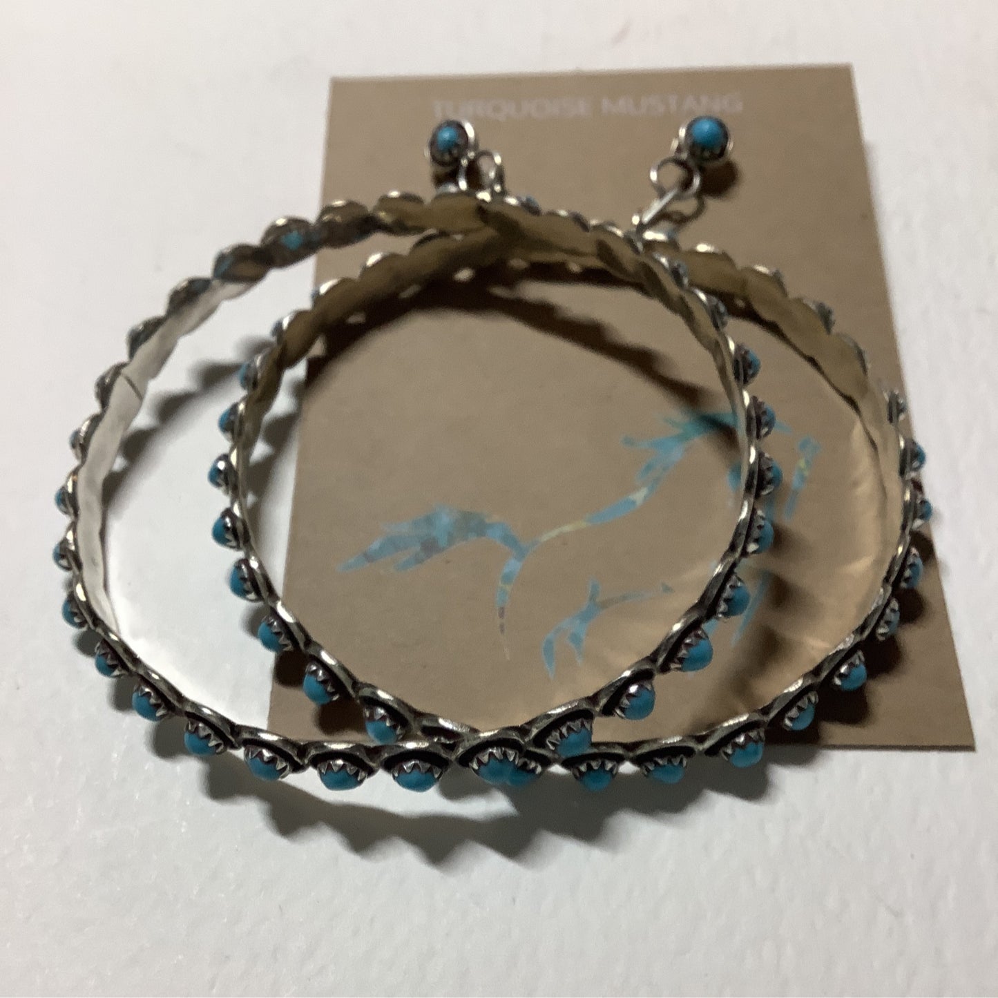 Earring, Large Kingman tq, hoops, 35 sm. rd stones, Florenda Lonasee crafted from Sterling Silver, an exquisite Earrings Native American designed by Turquoise Mustang.