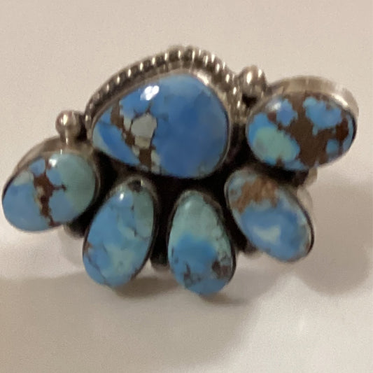 Ring, Golden Hills, 6 stone cluster, rope bezel, adjustable, Peterson Johnson crafted from Sterling Silver, an exquisite Rings Native American designed by Turquoise Mustang.