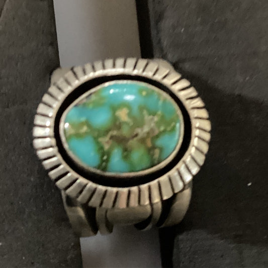 Ring, Sonoran Gold Turquoise Oval, Heavy Beveled Bezel with Filework, Charley Willie crafted from Sterling Silver, an exquisite Rings Native American designed by Turquoise Mustang.