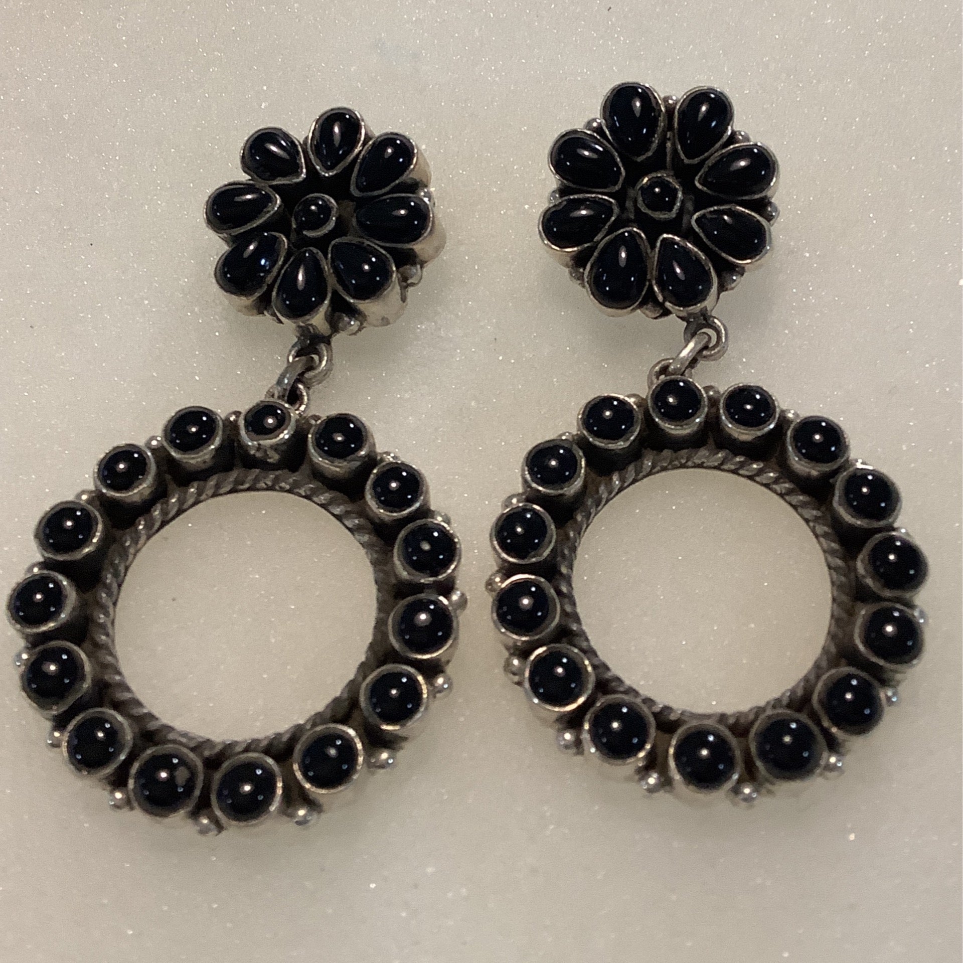 Earrings, Onyx, circle drop w/ Daisy Studs, DD crafted from Sterling Silver, an exquisite DD Earrings designed by Turquoise Mustang.