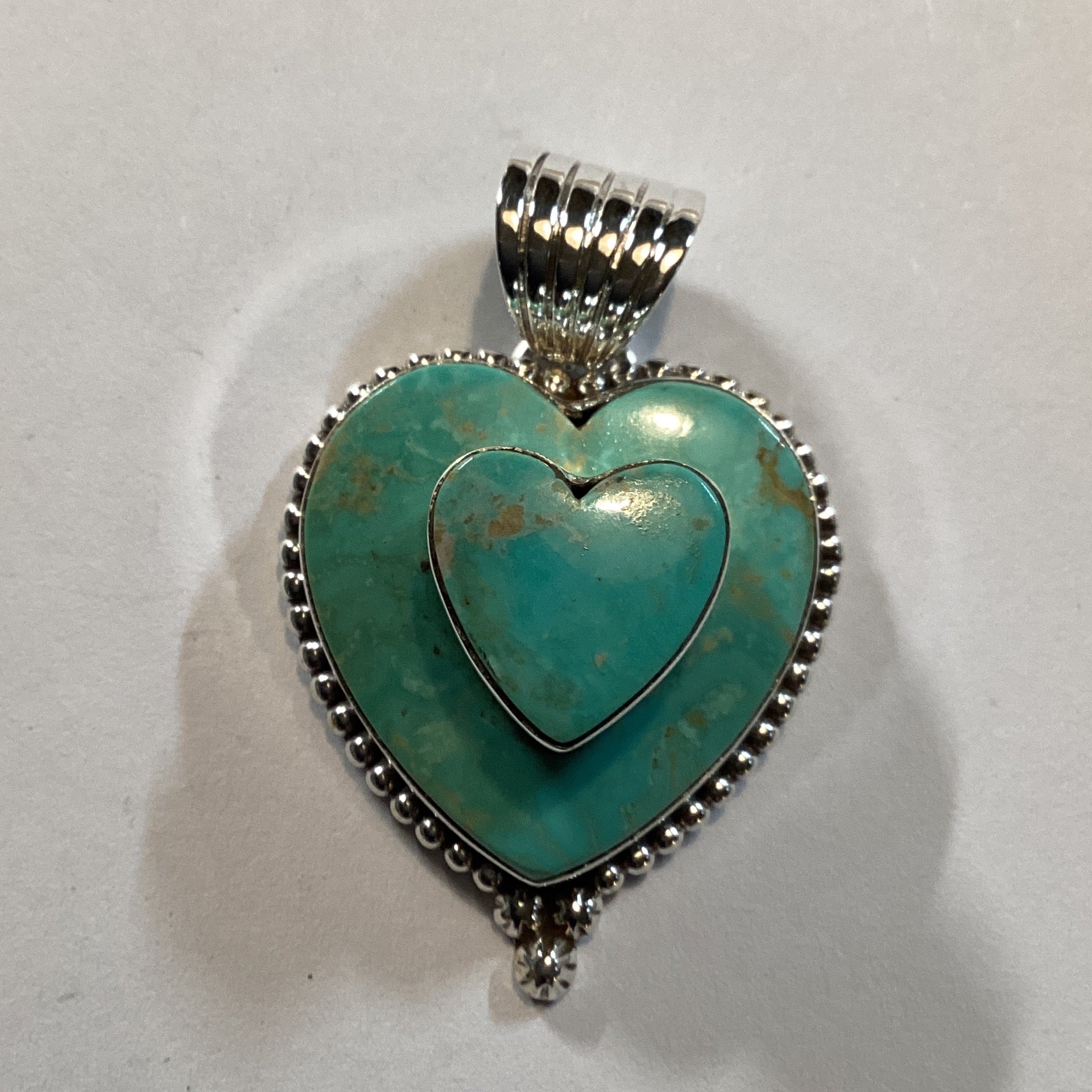 Pendant, Heart, Medium Kingman Turquoise Heart Cab w/Stacked Kingman Heart, DD (1) crafted from Sterling Silver, an exquisite DD Pendants designed by Turquoise Mustang.