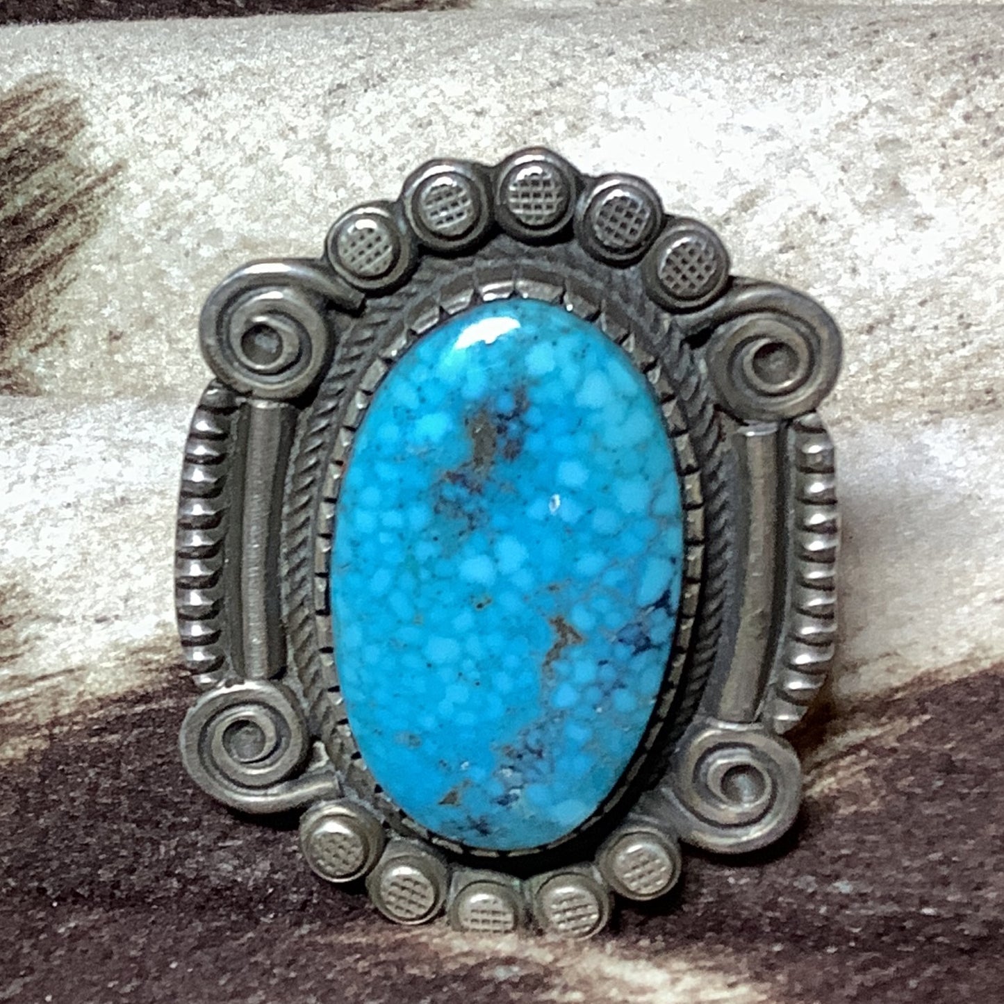 Ring, Large Oval Birdseye Kingman, nice stampwork, Calvin Martinez crafted from Sterling Silver, an exquisite Rings Native American designed by Turquoise Mustang.