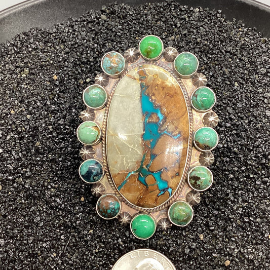 Ring, 13 stone Royston Ribbon with Royston bezel, Peterson Johnson crafted from Sterling Silver, an exquisite Rings Native American designed by Turquoise Mustang.