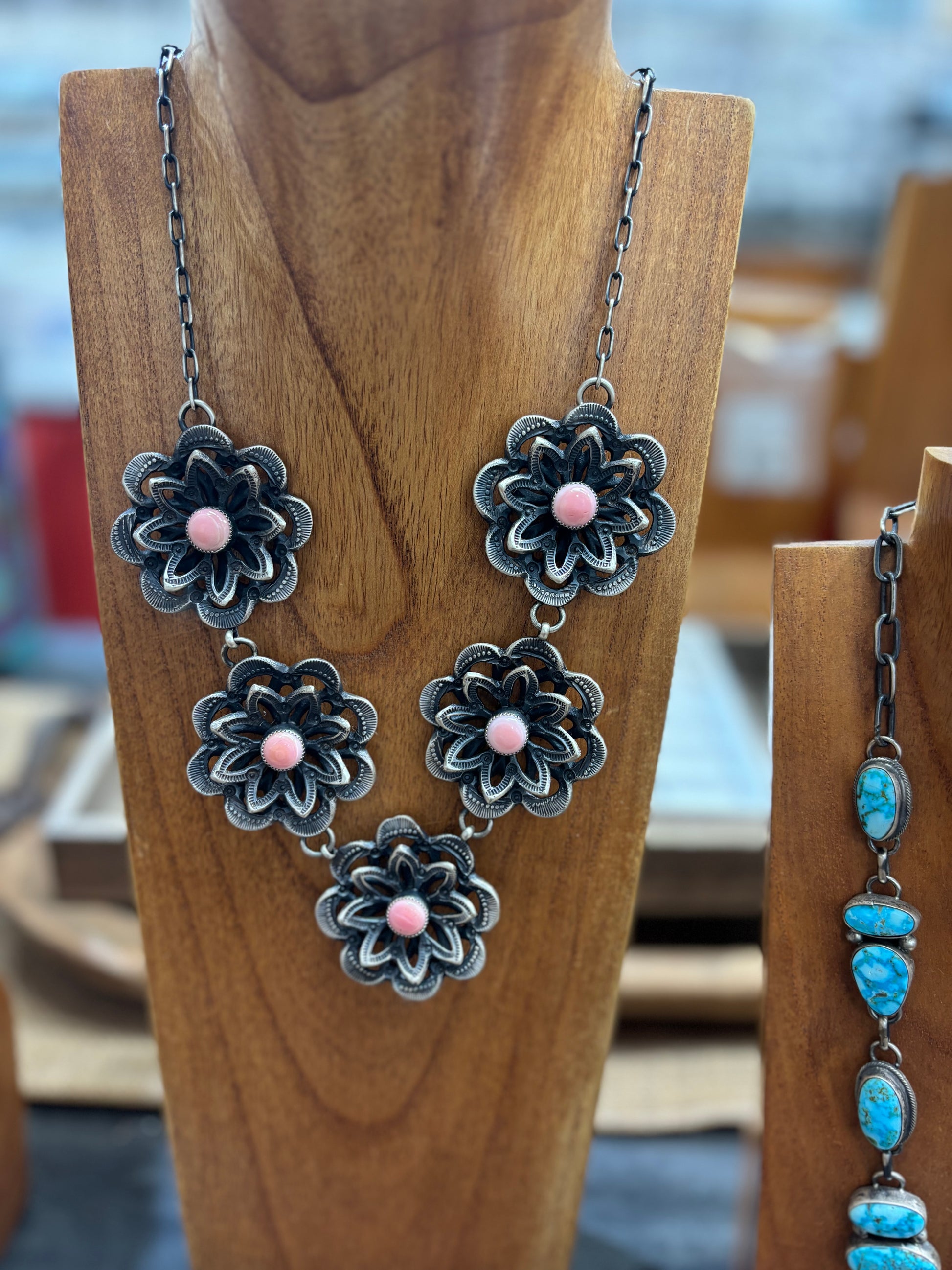 Necklace (3 pc. Set) 5 station, Camelia Flowers with Pink Conch, Kevin Billah crafted from Sterling Silver, an exquisite Necklaces designed by Turquoise Mustang.
