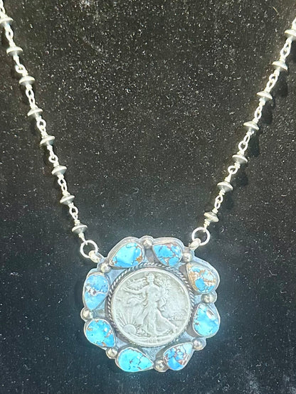 1942 Walking Liberty Silver Dollar with 8-stone bezel of Teardrop Shaped Golden Hills Cabachons