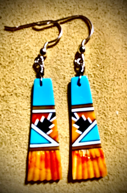 Zuni Handmade Spiny Oyster with Inlay Dangle Earrings – Sterling Silver Hooks