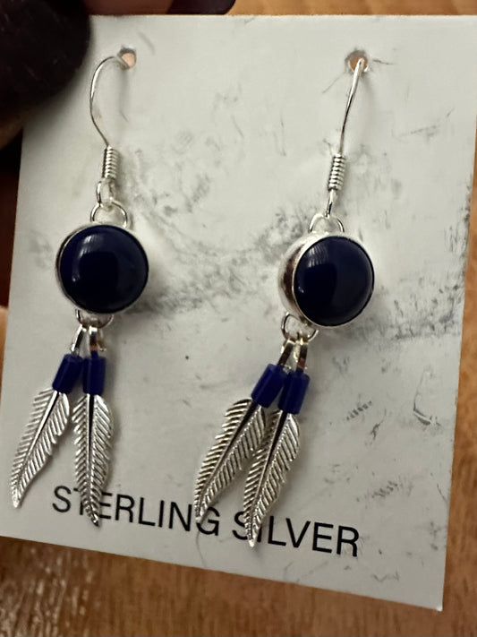 Two-Feather Silver and Lapis Dangle Earrings